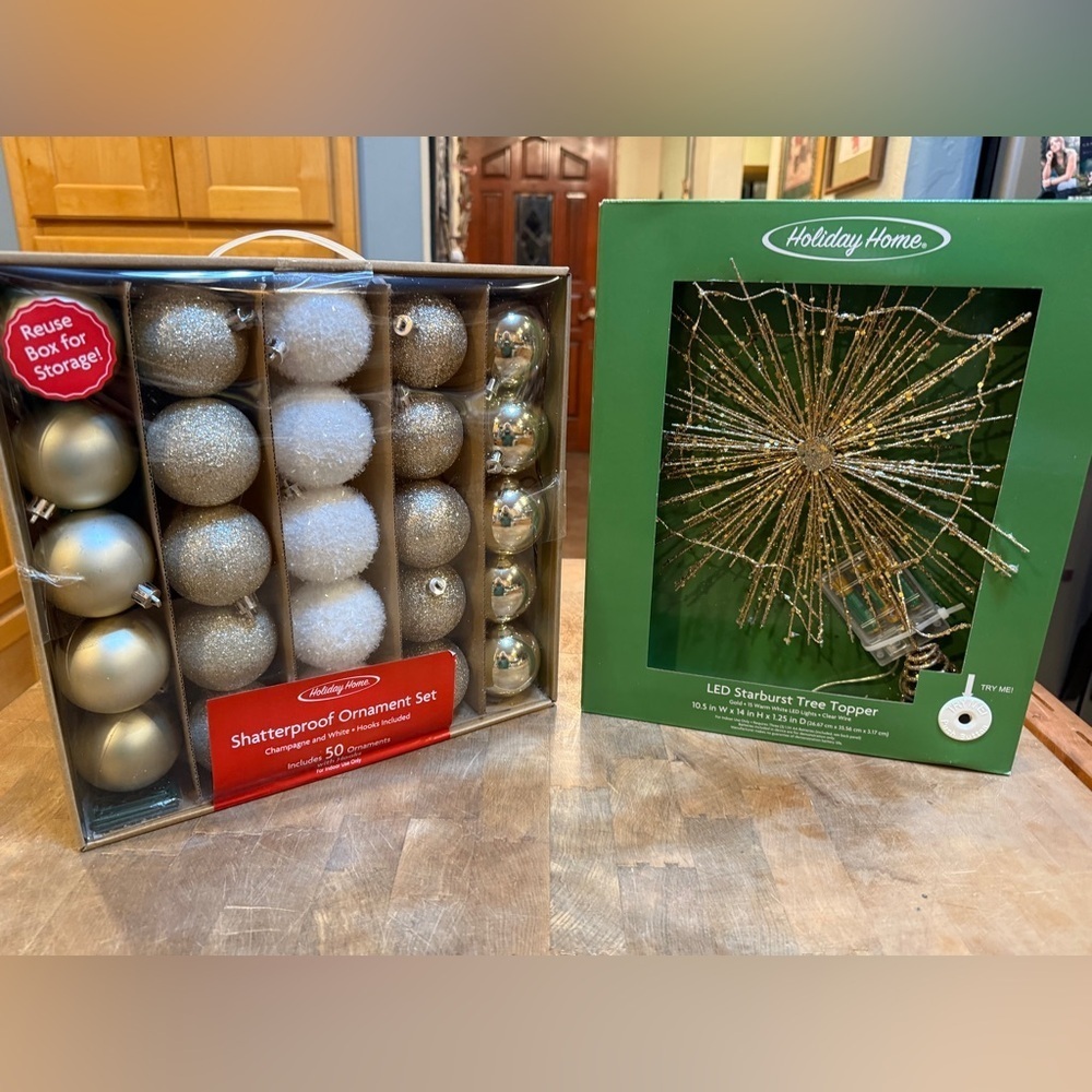Shatterproof Ornament Set and LED Starburst Tree Topper Gold & Silver Christmas